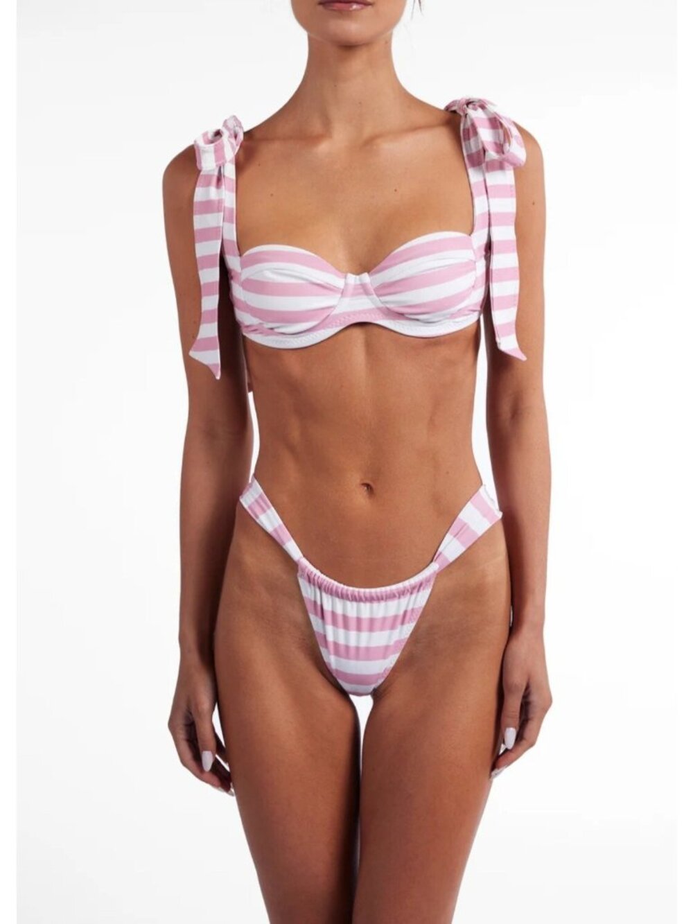 SAME Los Angeles The Lady Bikini Set 2PC Pink White Striped Underwire Ruched M